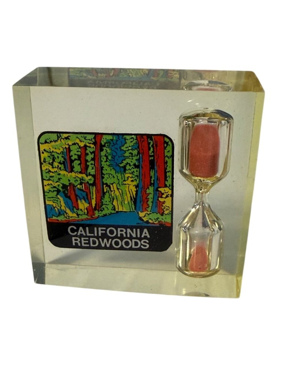 Vintage California Redwoods Lucite Sand Timer Souvenir Paperweight Hourglass 2x2